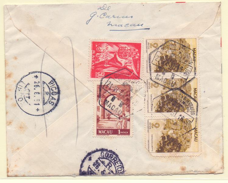 1225 f.jpg -     Lote:    1225 (frente)            Macau       Descrição:         1948/50 &mdash; Vistas de Macau + Ano Santo. Sobrescrito circulado registado de Macau (21.06.51) para Lisboa (26.06.51) com 3 selos de 2 avos CE342 + 1 pataca CE348 + 50 avos CE350.        Carta       Valor Base:     &euro; 25,00     Valor Venda:     &euro; 26,00     